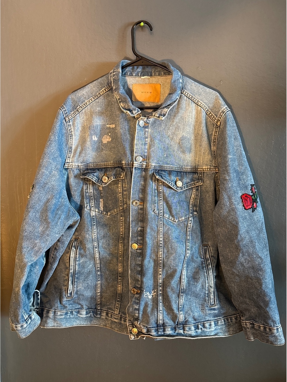 &Denim Distressed Blue Denim Jacket with Rose Patch